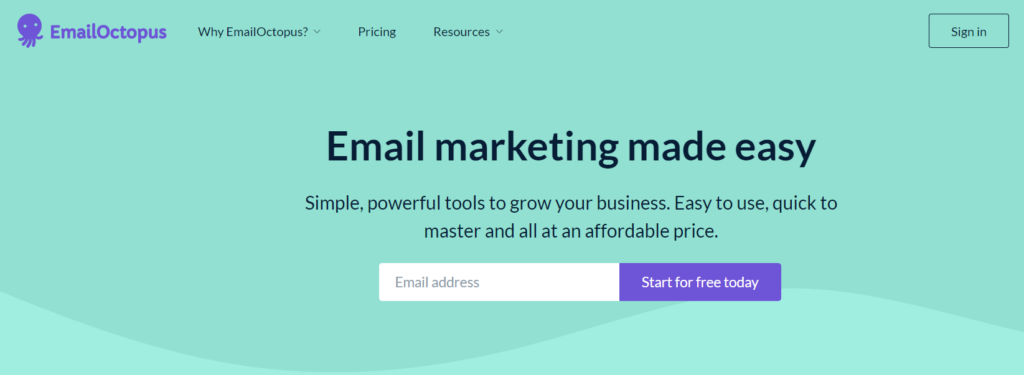 EmailOctopus website homepage, one of the best email marketing software for affiliate marketing