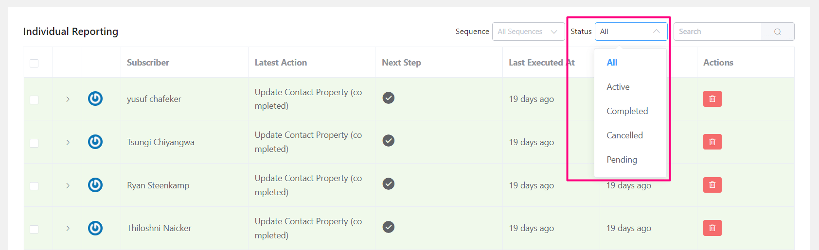 crm automation report filter status