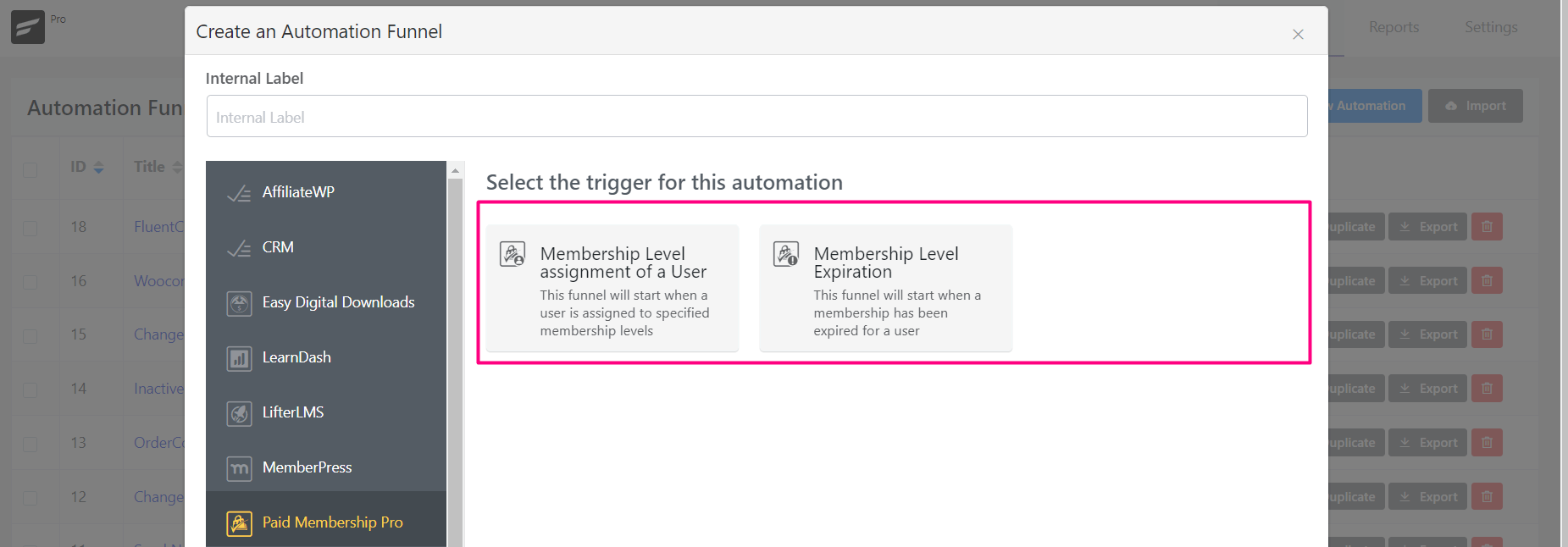 crm automation trigger pmpro