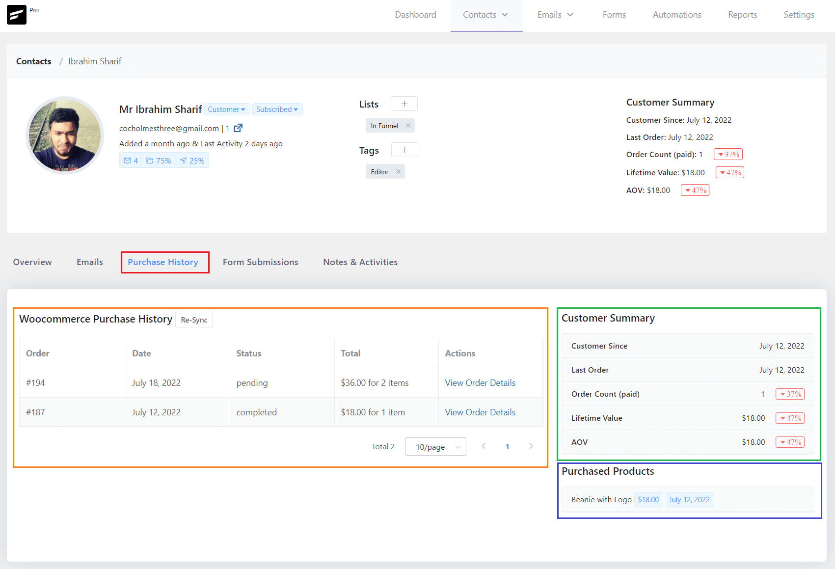 crm contact overview purchase history
