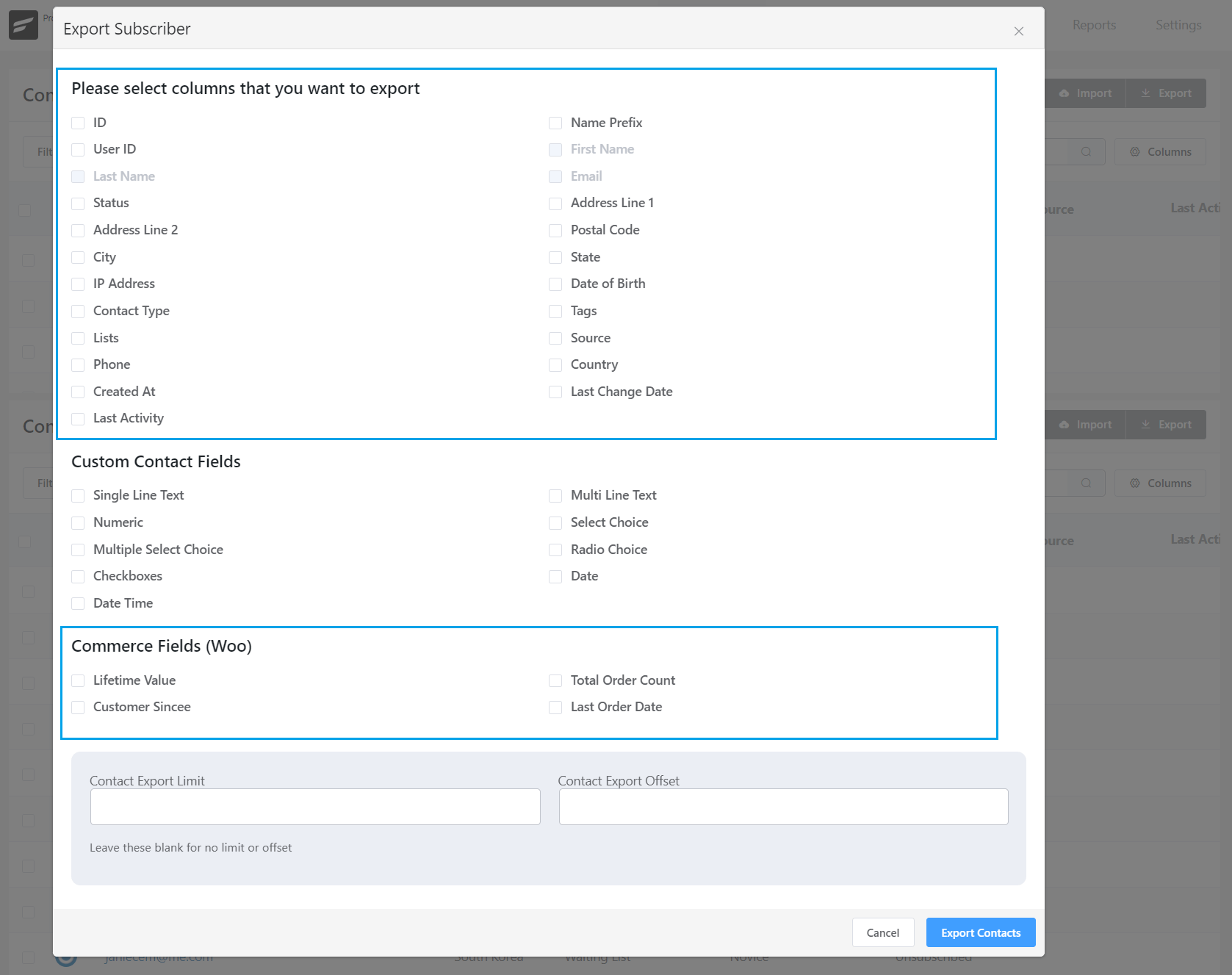 exportação de contatos crm