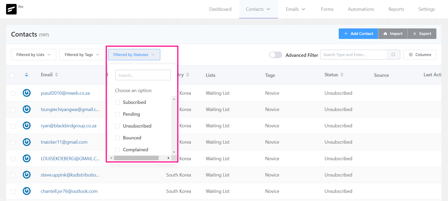 crm contacts filter by status