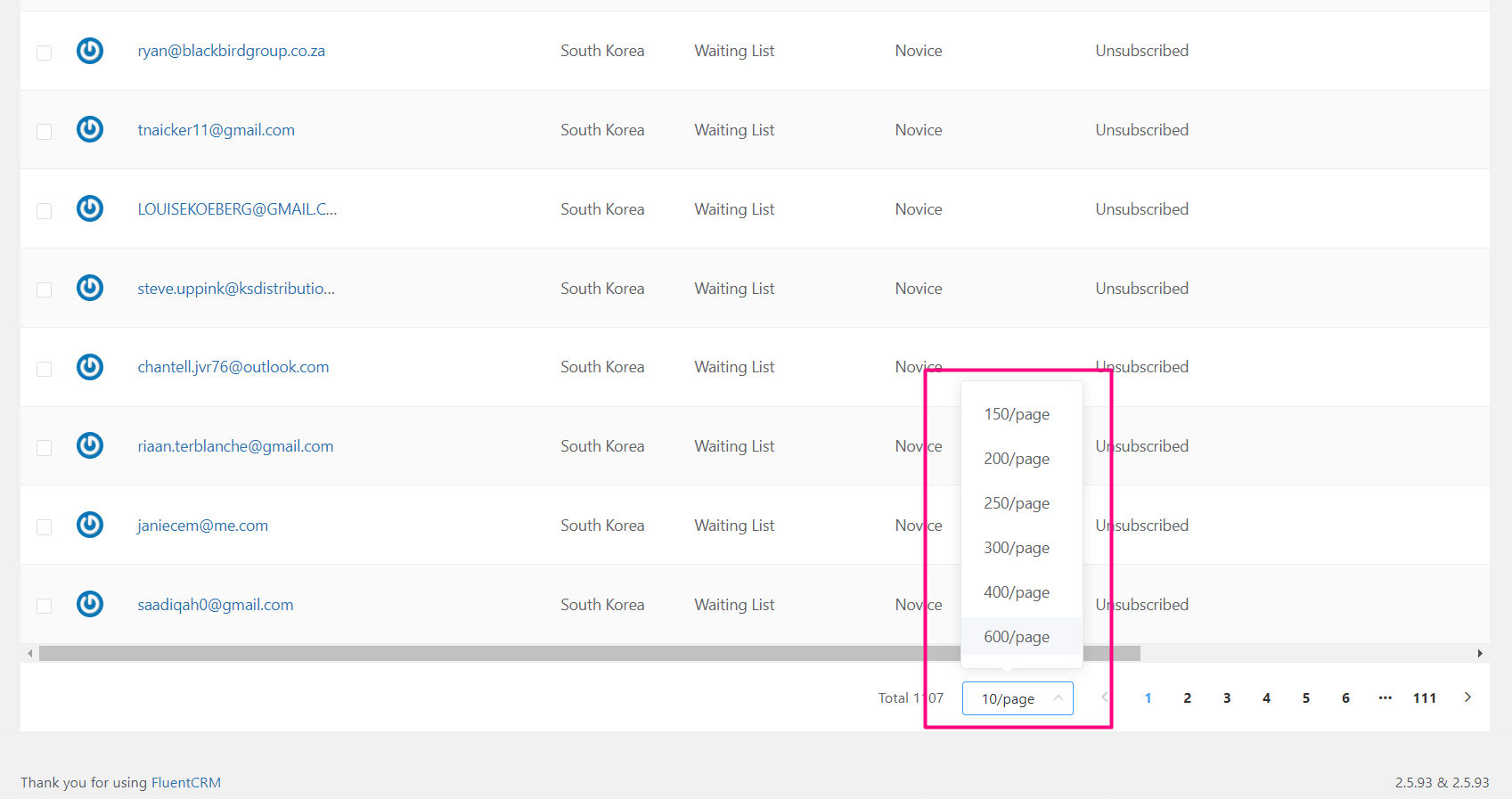crm contacts filter pagination