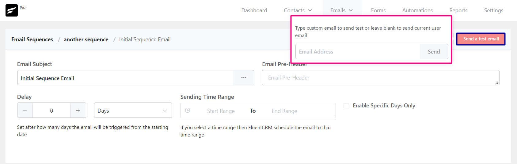 crm email sequence send test email