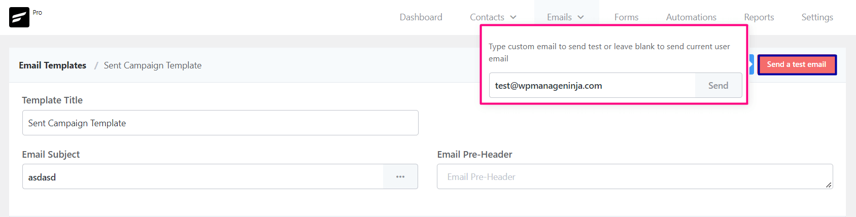 crm email template send test email