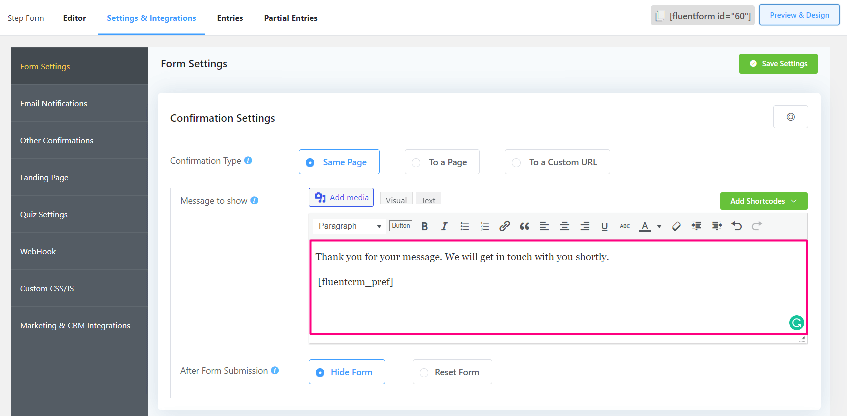 crm form confirmation email preference