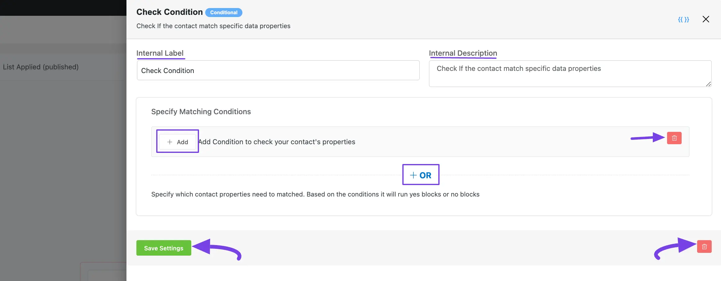 Check condition page with settings options 