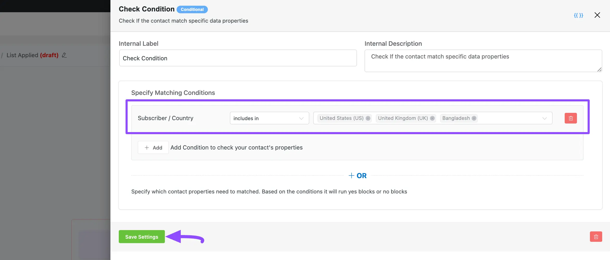 Set condition save conditionals