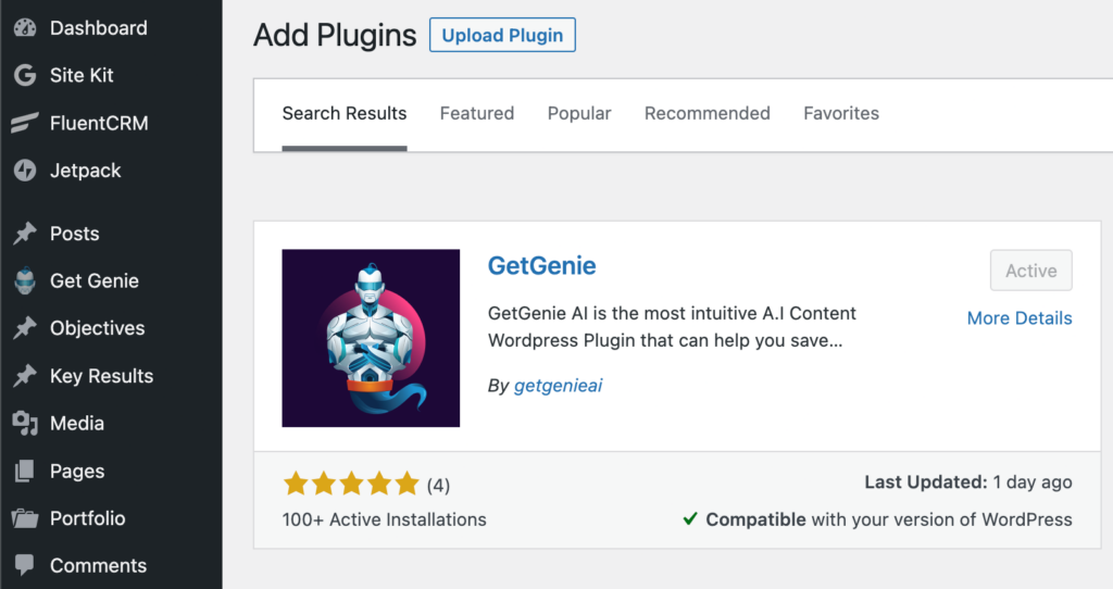install getgenie from WordPress plugin repository