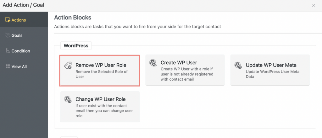 remove wp user role action in fluentcrm