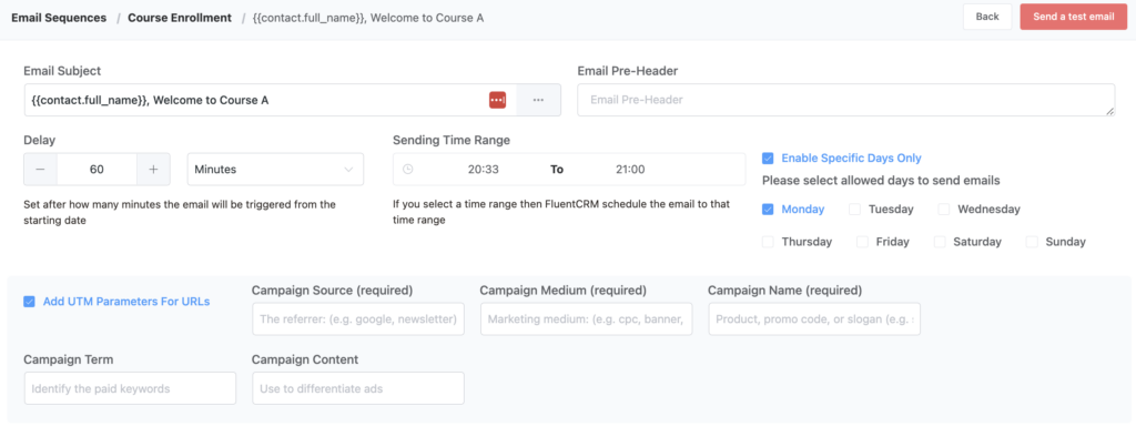 fluentcrm url parameter in email sequence