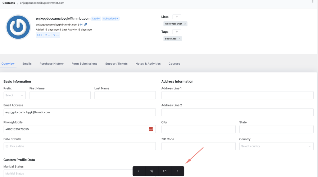 contact navigation in fluentcrm