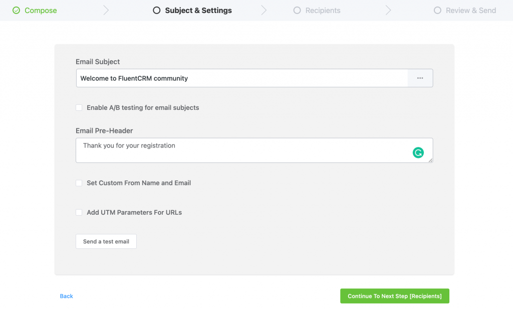 fluentcrm A/B testing