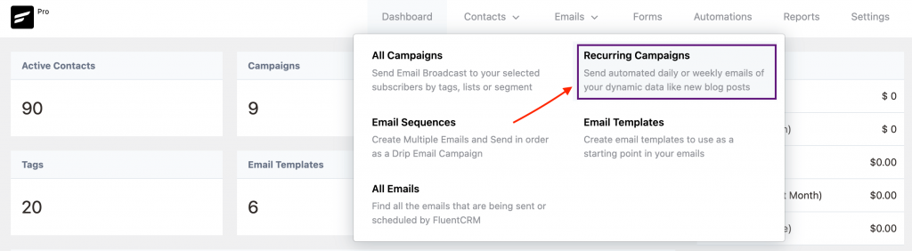 To start a new recurring campaign with FluentCRM, go to the ‘recurring campaign’ option.