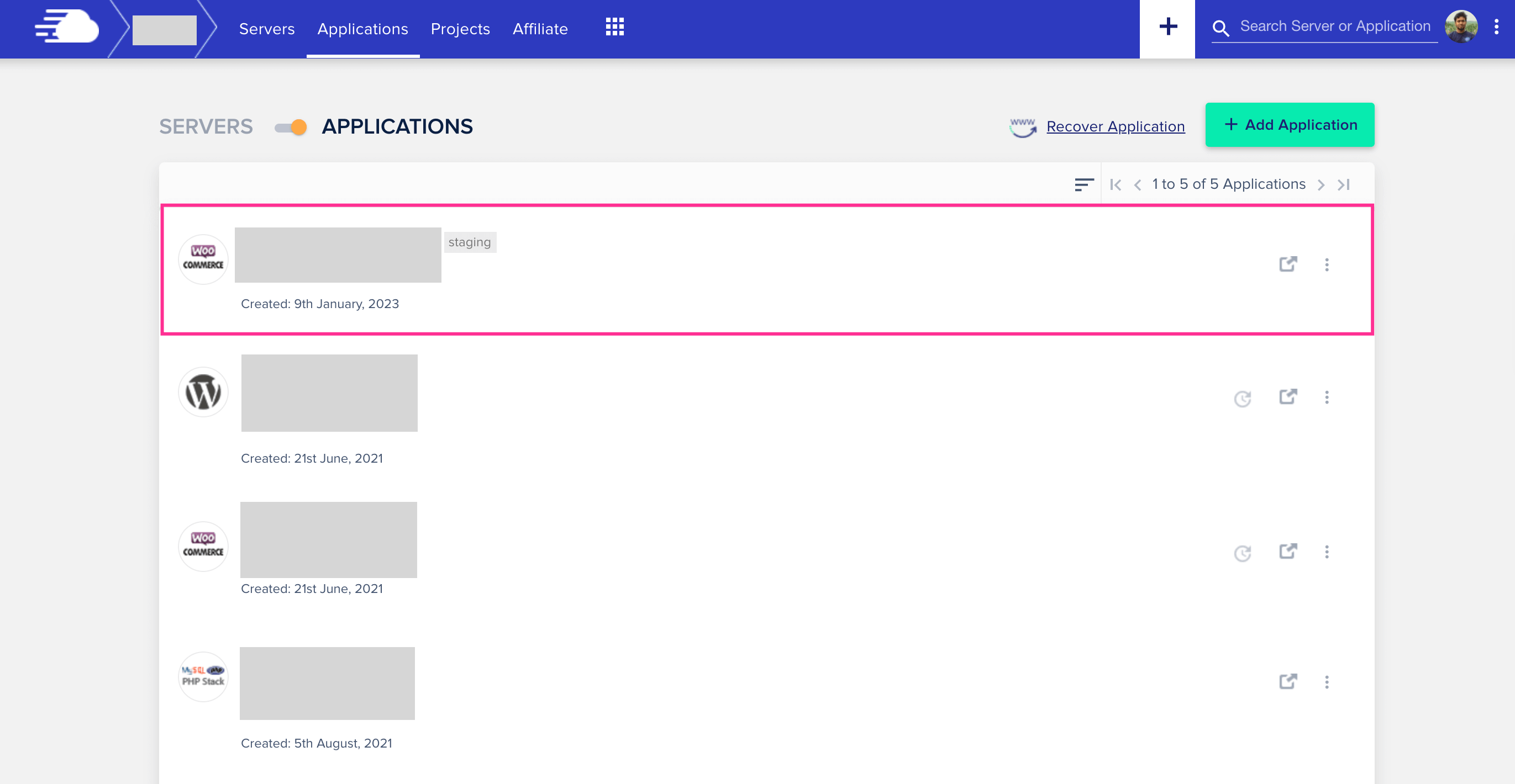 cloudways dasboard applications