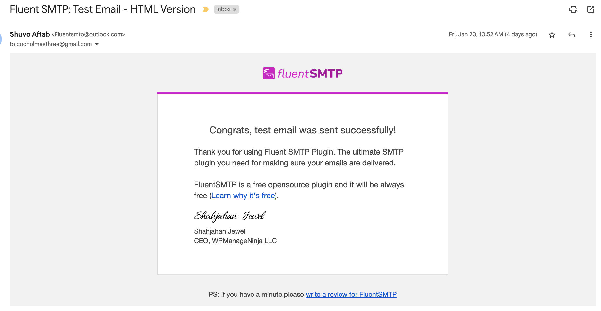 fluent smtp test email received