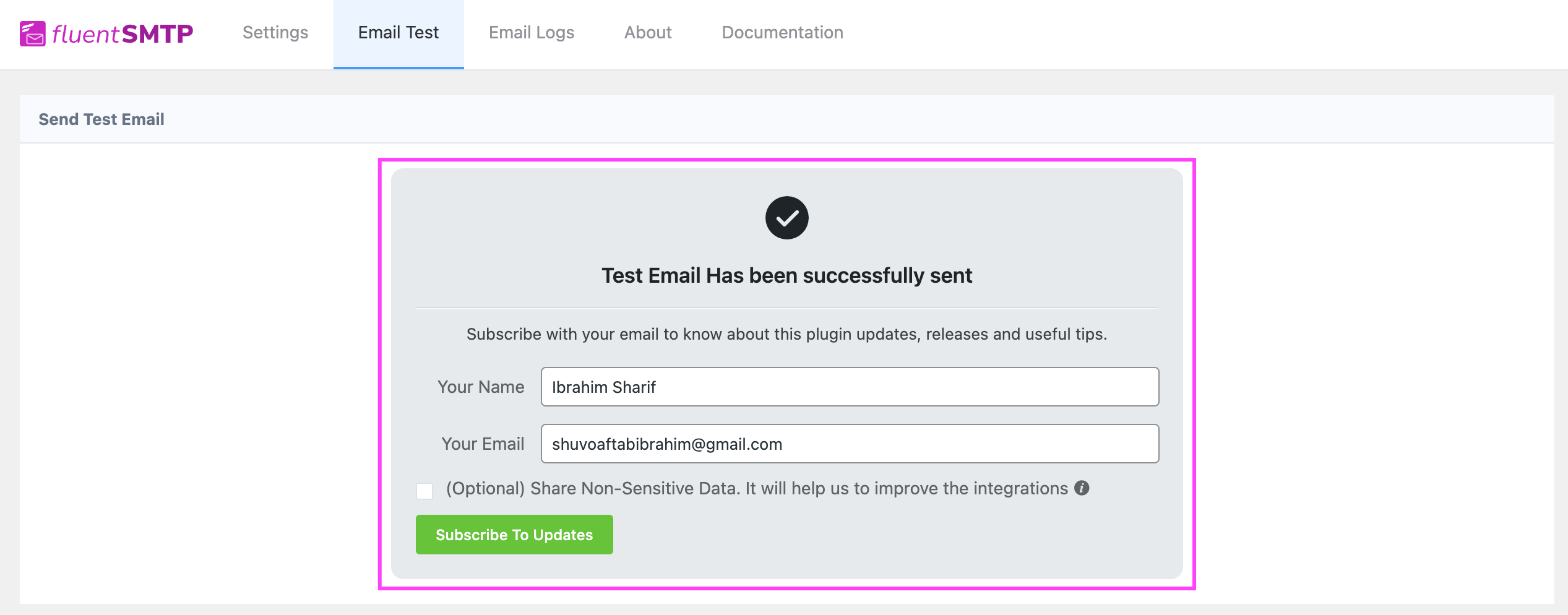 fluent smtp test email sent