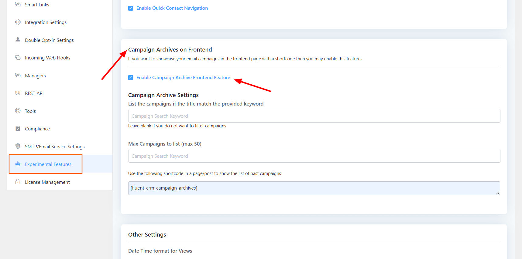 experimental settings fluentcrm 4