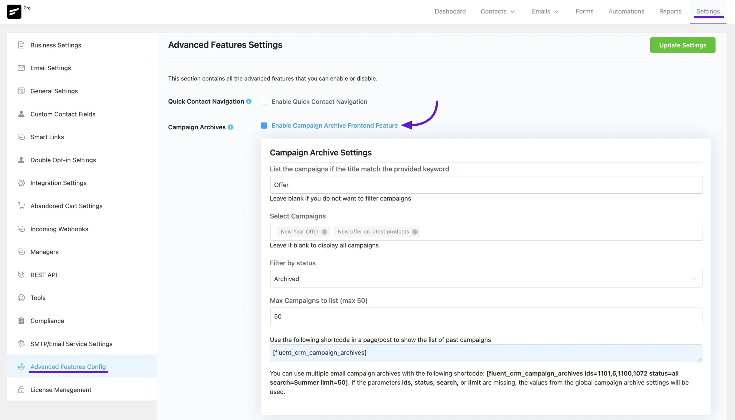 fluentcrm campaign archive