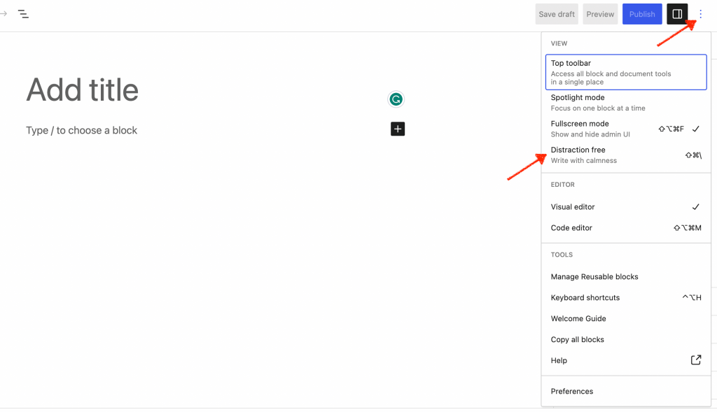 distraction free mode in wordpress 6.2 