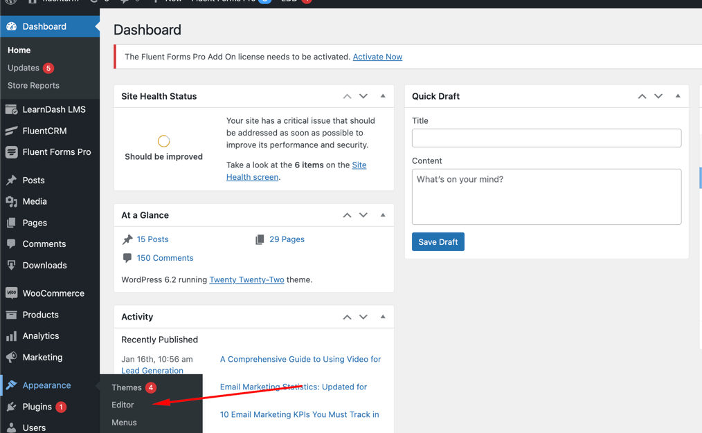 wordpress dashboard and appearance settings 