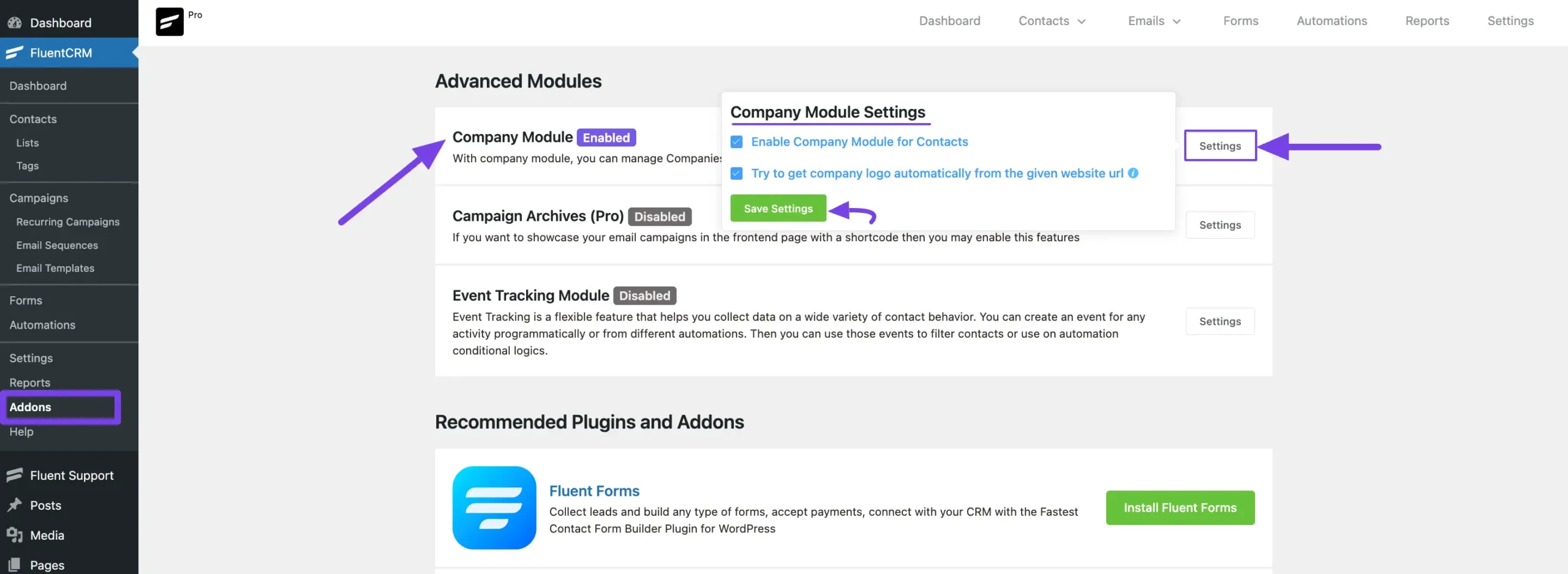 enabling company module from addons