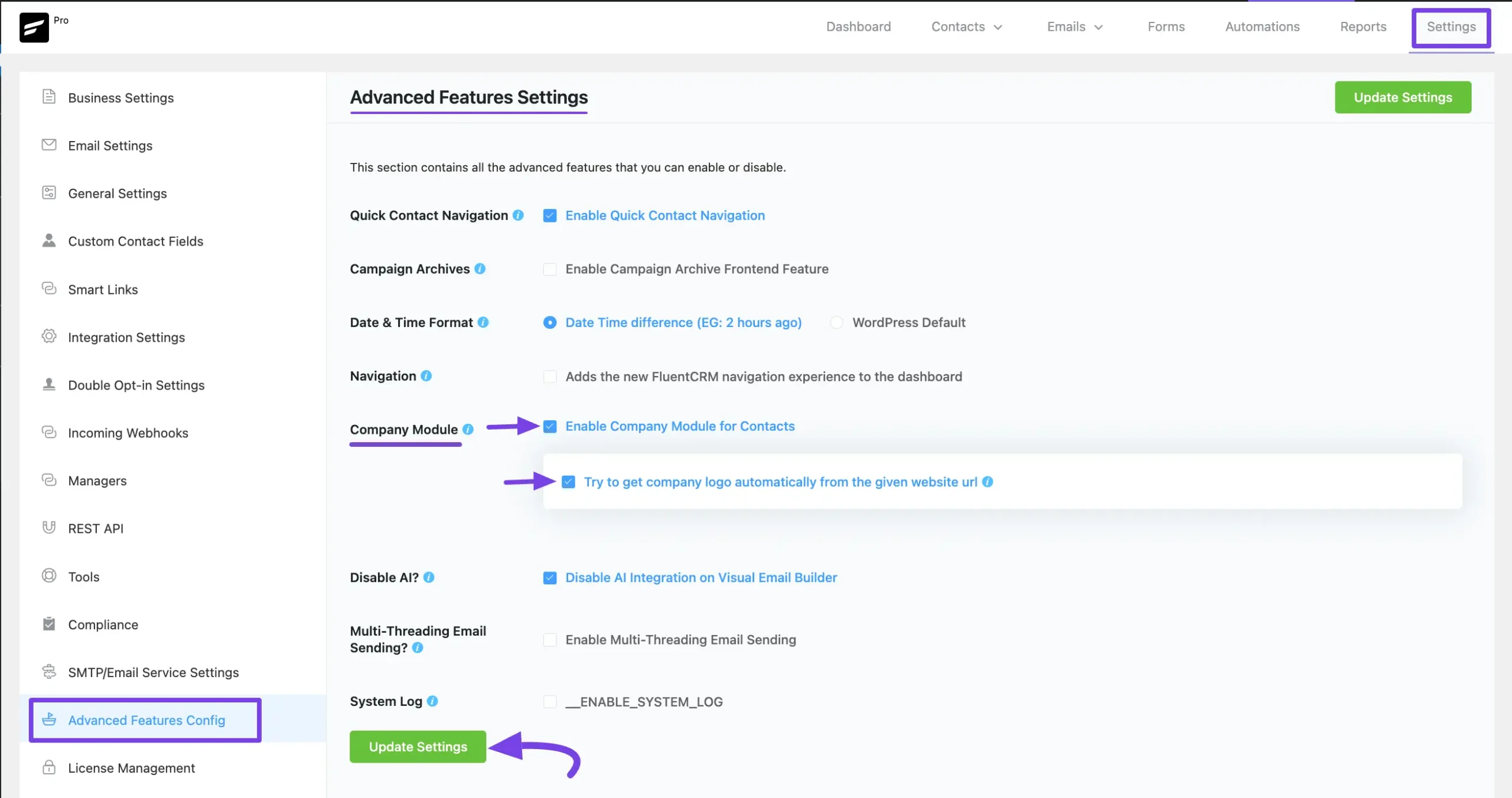 enabling company module from advanced feature config