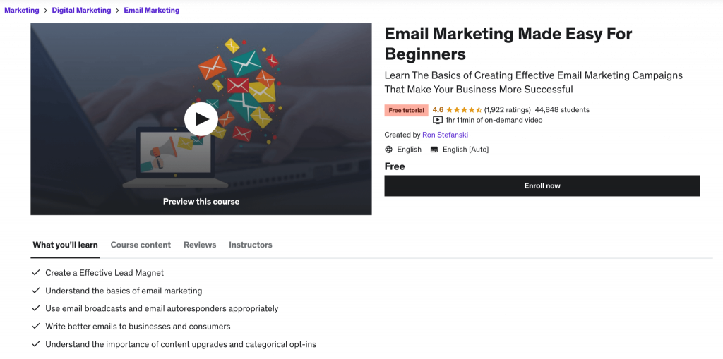 Udemy Email Marketing Made Easy for Beginners course