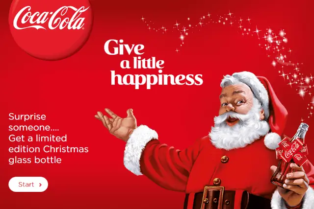 Santa Claus holding a Coca-Cola bottle on a red background.