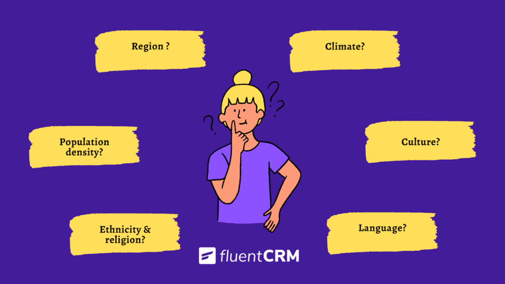 Thinking woman surrounded by geographic and demographic marketing questions.