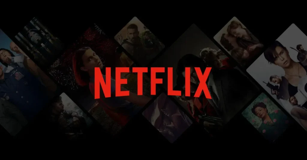 Netflix logo surrounded by posters of various original shows.