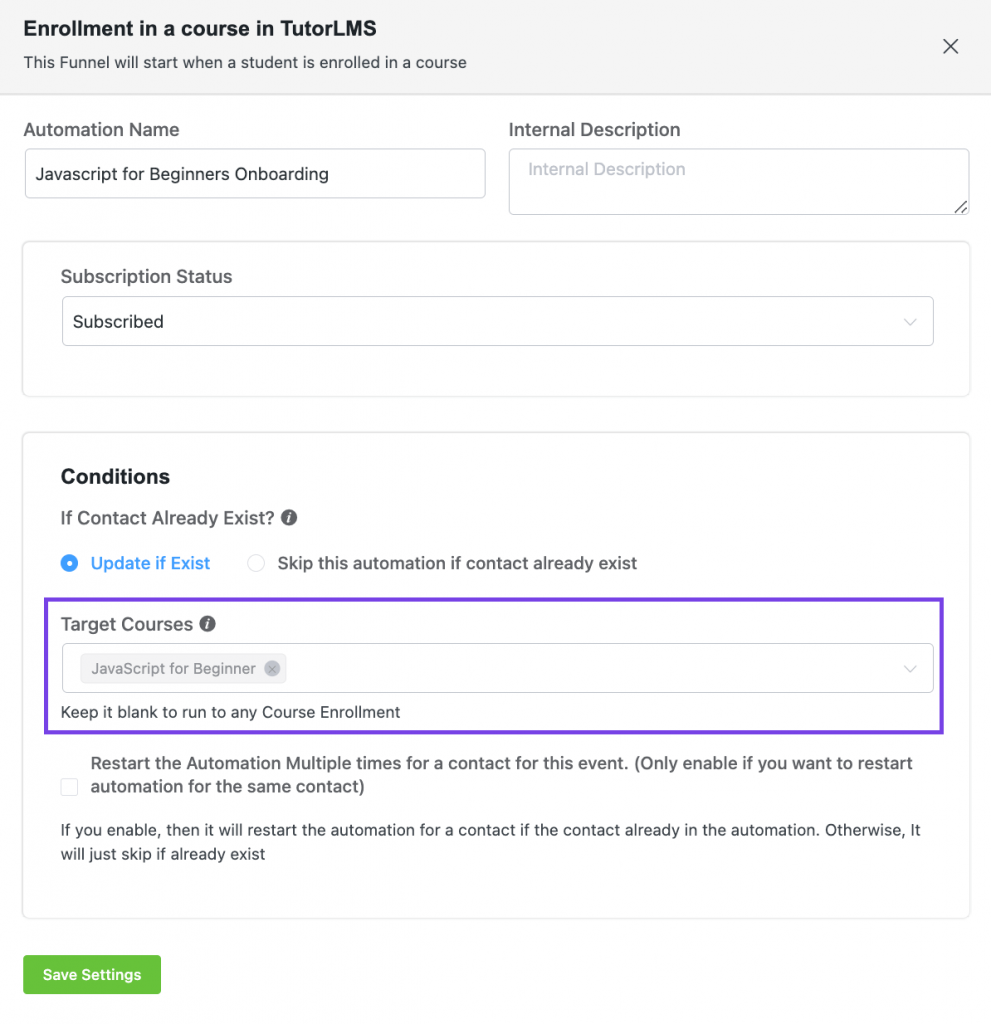 specifying course in fluentcrm triggers