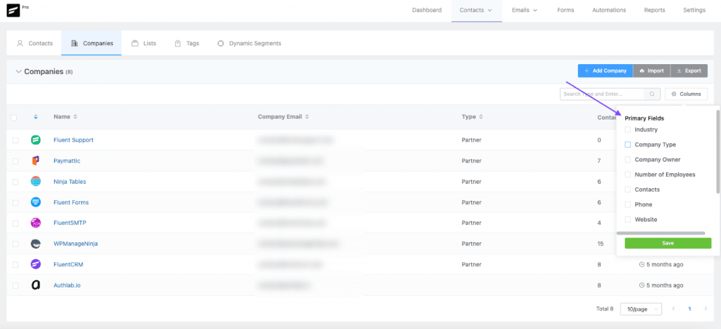 company module columns