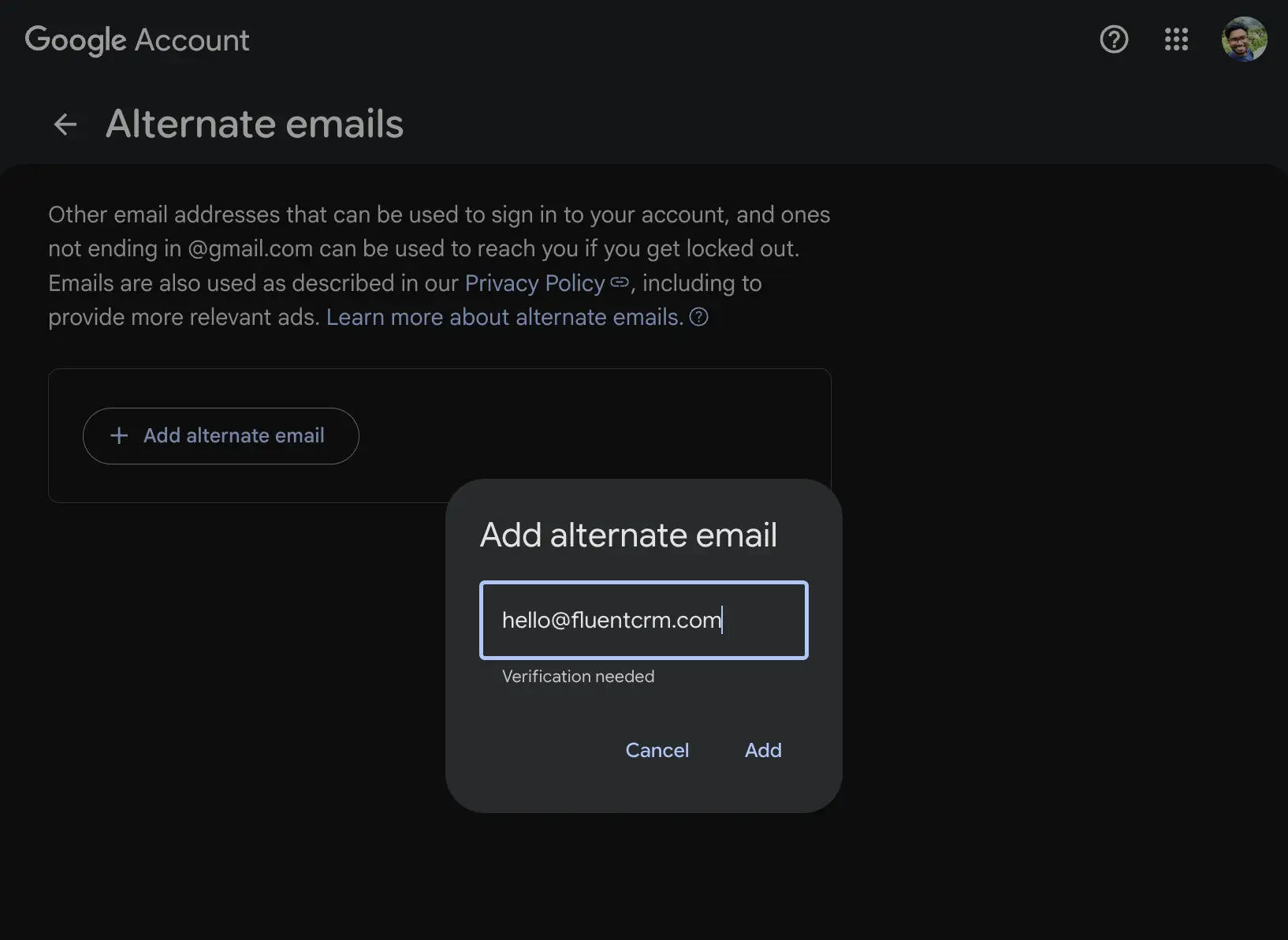 add alternate email gmail