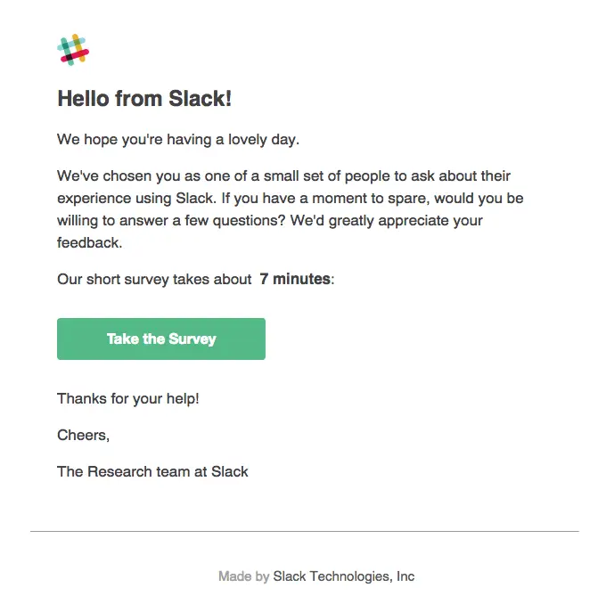 Slack email invitation to take a 7-minute user survey.
