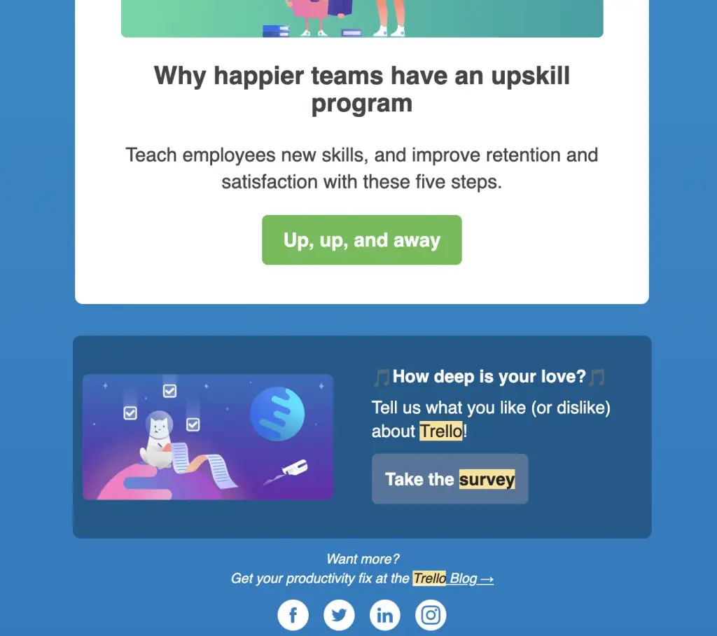 Trello email newsletter about team upskilling and user feedback survey.