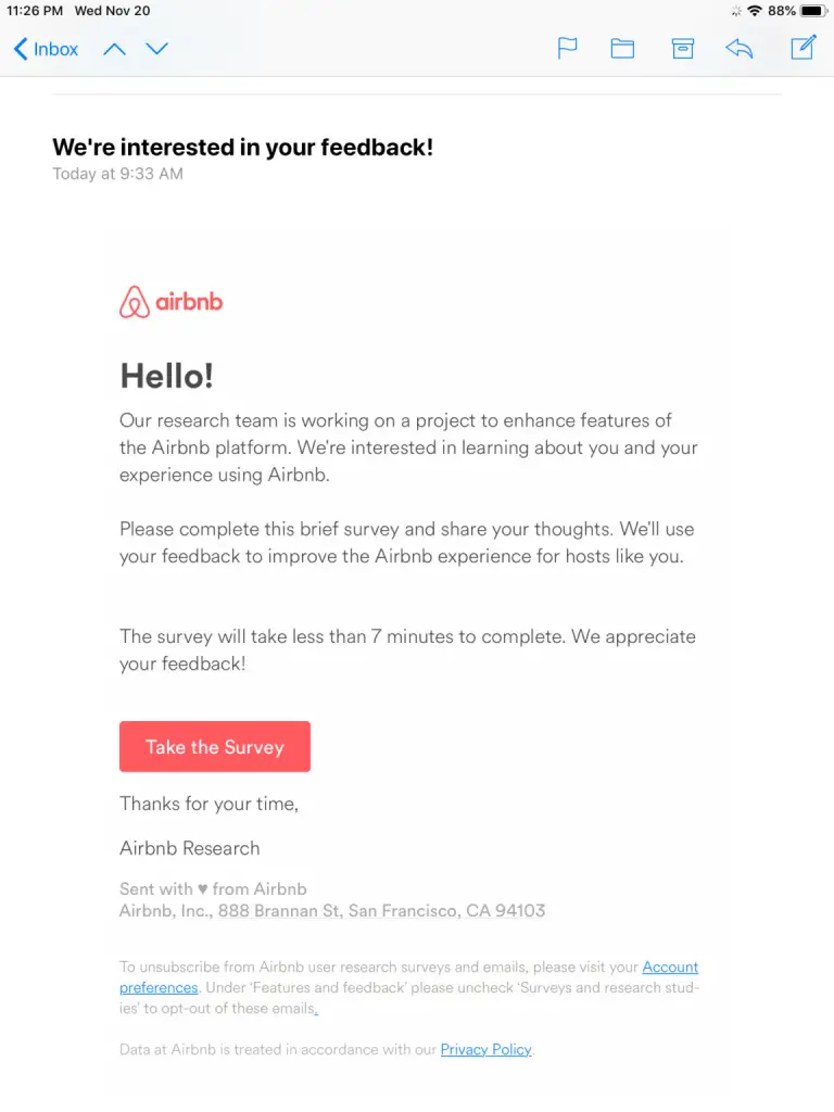Screenshot of an Airbnb survey request email for hosts.