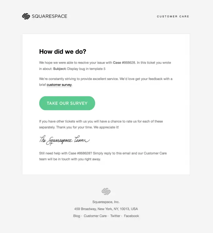 Squarespace customer feedback email survey request.