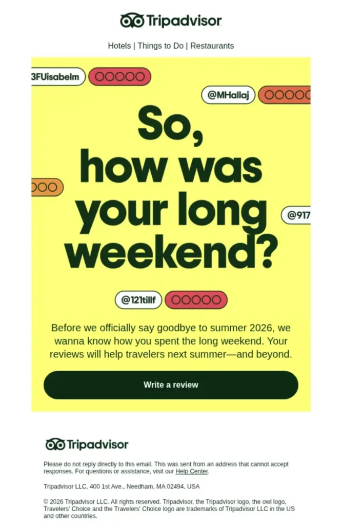 tripadvison feedback email with personalization