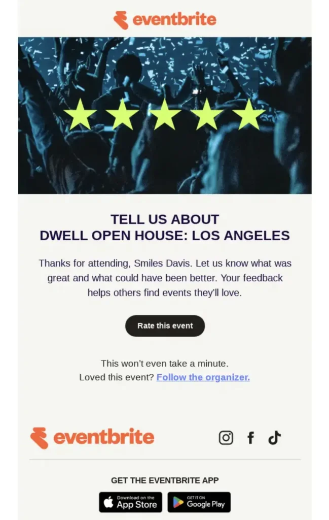 eventbrie feedback request email after trip ends