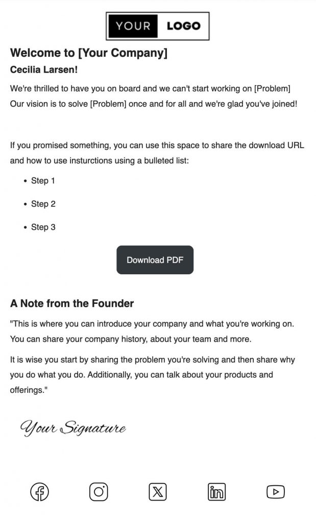 new subscriber welcome email template with founder's message