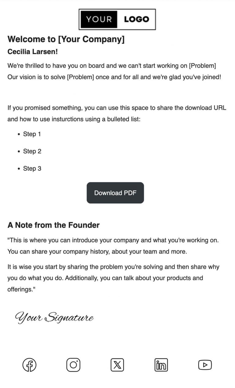 new subscriber welcome email template with founder's message
