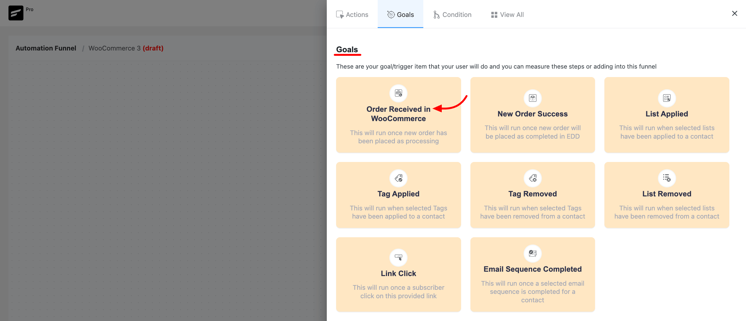 goal action in woocommerce funnel