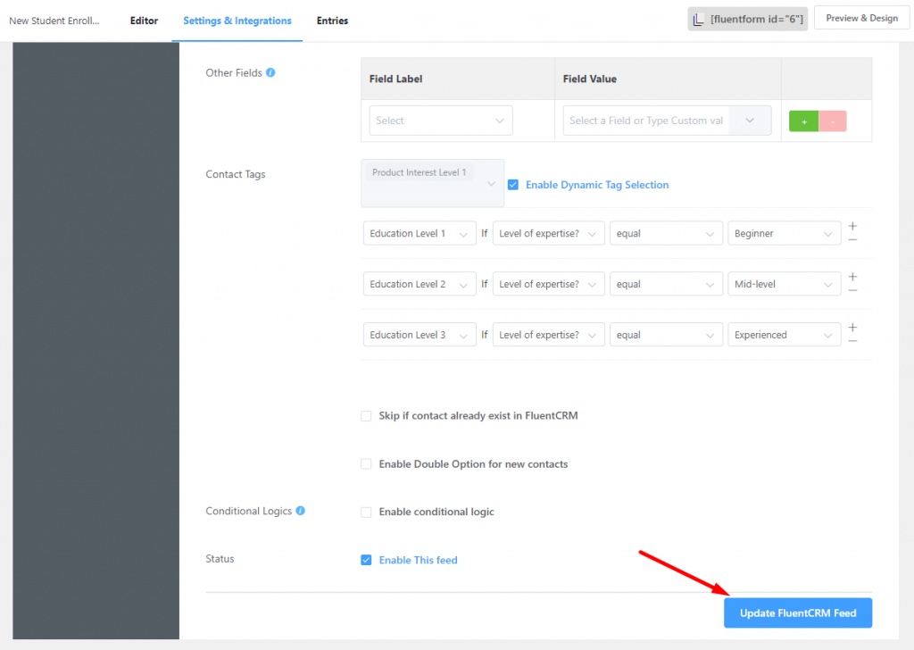 saving fluentcrm integration feed in fluent forms