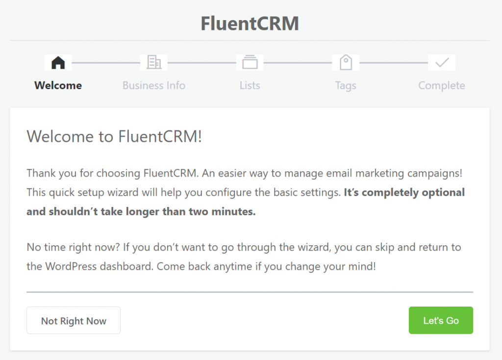 fluentcrm setup wizard