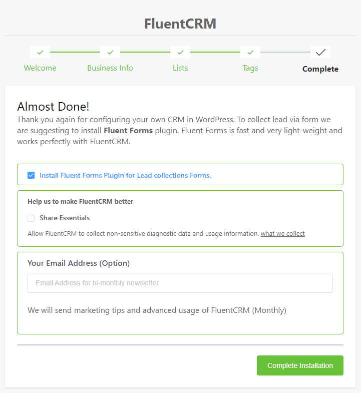 fluentcrm setup wizard, installing fluent forms