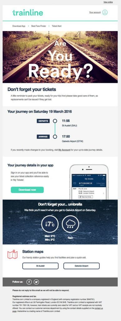 Order confirmation email example: Trainline