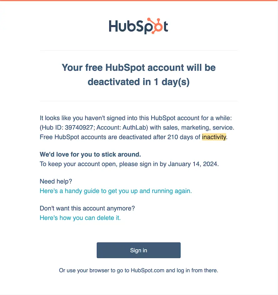 hubspot win-Back email example
