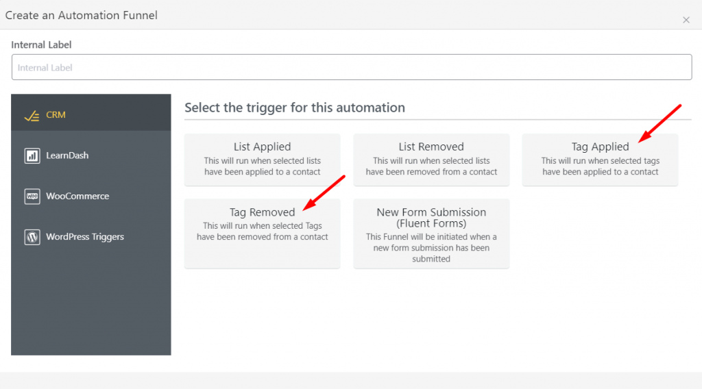 fluentcrm tag based automation triggers