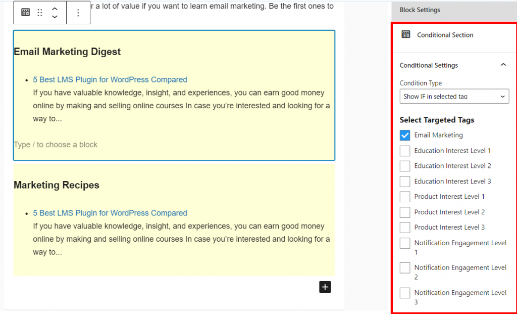 fluentcrm conditional content